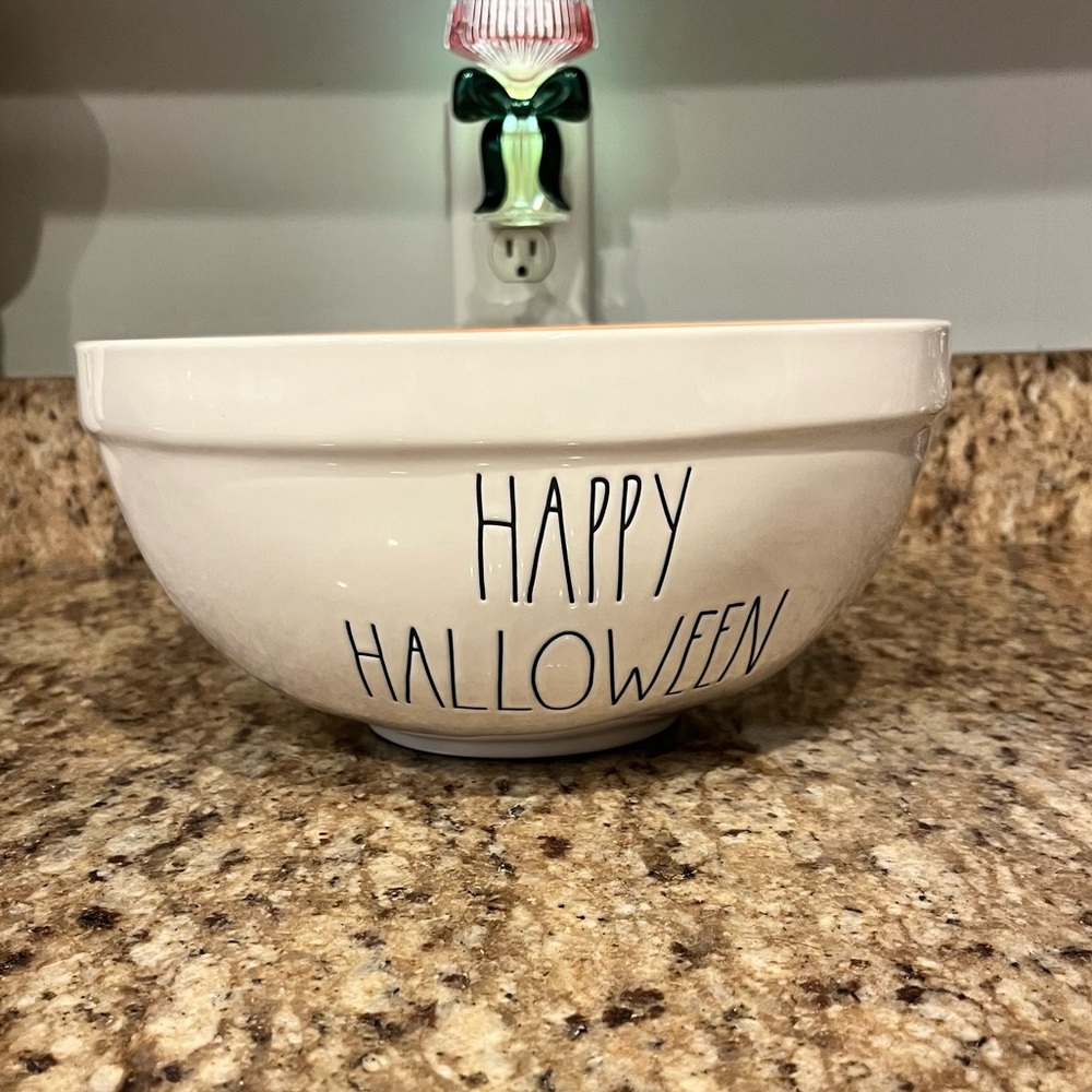 Rae Dunn Happy Halloween Large Bowl Orange White Magenta Collection Ceramic